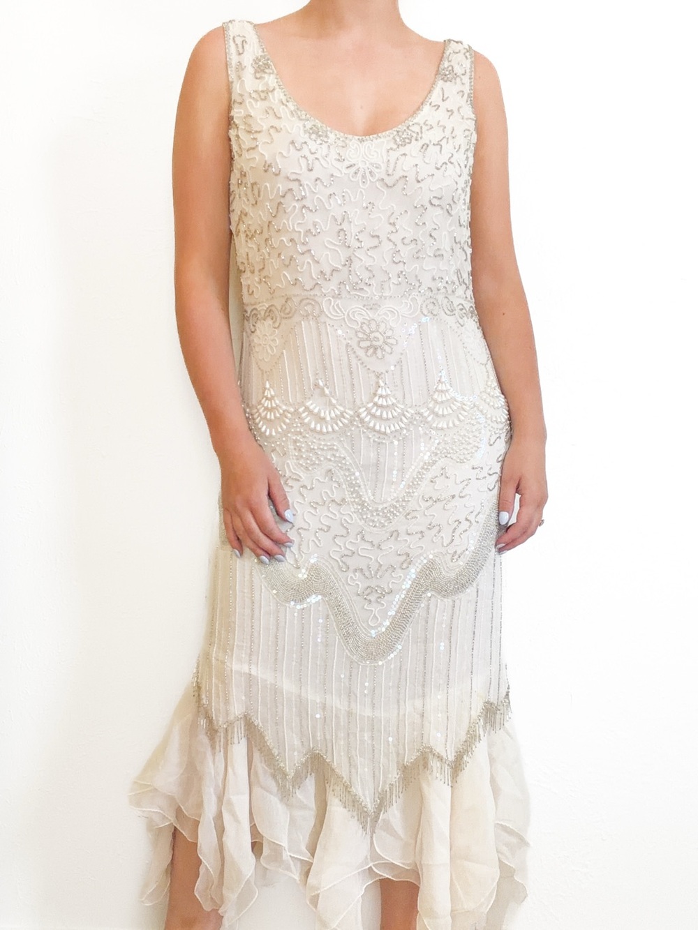 Oleg Cassini Cream Beaded Midi Dress